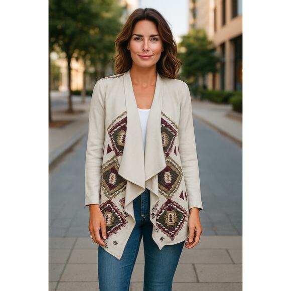 Johnny Was Draped Open Front Cardigan Aztec Embroidered Waterfall Size XS - Picture 1 of 9